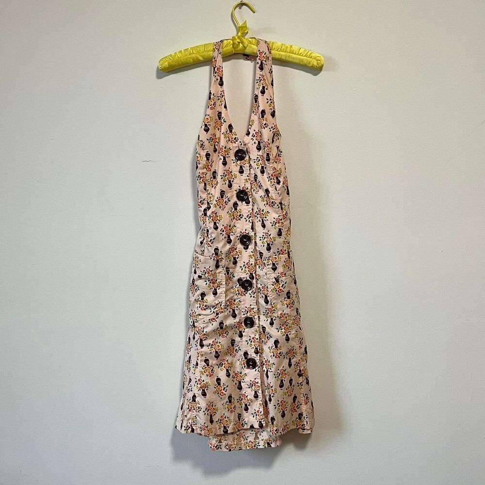 70s Vintage Pink Flower Pot Floral Print Halter Mini Dress Cotton Pockets Button